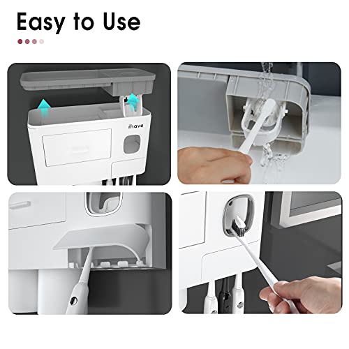 iHave Toothbrush Holders Wall Mounted with Toothpaste Dispenser & 2 Cups | All-in-One Bathroom Organizer: 2 Cups, 6 Slots, Toothpaste Dispenser, Large Tray & Drawer. Wall Mount, No Drilling Required - color: White, size: 2 cup