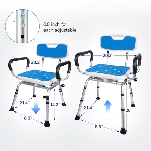 Swivel Shower Chair with Handle 500lbs Capacity Adjustable Arms & Back | 360° Swivel, 5-Level Height Adjust, Non-Slip Feet, Tool-Free Assembly With Extra Suction Bath Grab Bar - size: Blue Set