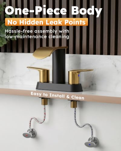 WOWOW Waterfall Centerset Black Gold 4 inch Vanity Bathroom Faucet 3 Hole - color: Black and Gold