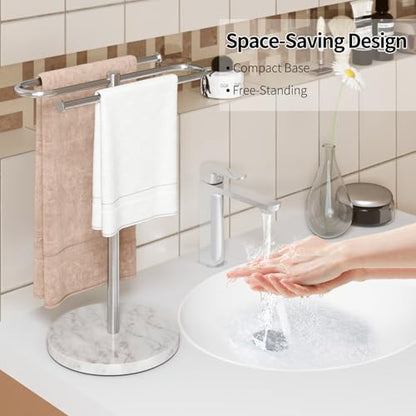 STWWO Hand Towel Holder for Bathroom Countertop with Marble Base | S-Shape Towel Stand Holds 2 Towels, Rust-Proof Stainless Steel Towel Rack for Kitchen, Brushed Nicke - color: Brushed Nickel