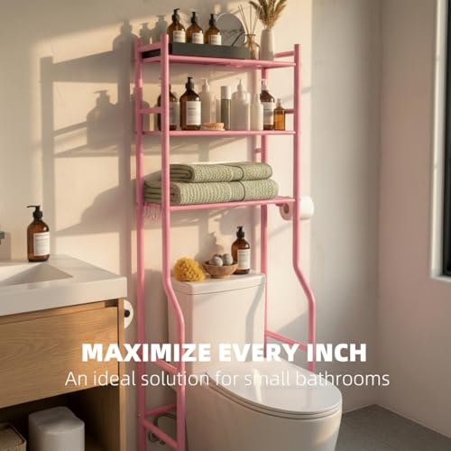 GloTika 3-Tier Over Toilet Storage, Anti-Tilt, 64" H, Pink | Anti-Tilt Safety System, 150lb Capacity, Carbon Steel, Freestanding, No Drilling, Anti-Rust Coating, Paper Holder & 4 Hooks - color: Pink, size: 3-Tier