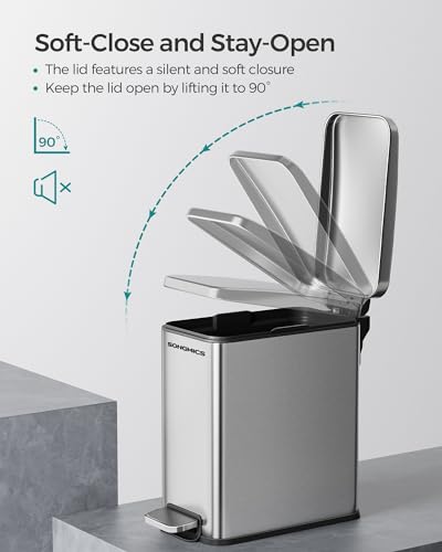 SONGMICS Bathroom Trash Can, 1.3 Gallon (5 L) Small Trash Bin with Lid, Slim for Small Spaces, Stainless Steel Garbage Can, Soft Close, Silver ULTB560E05 - color: Silver, style: 1.3 Gal.