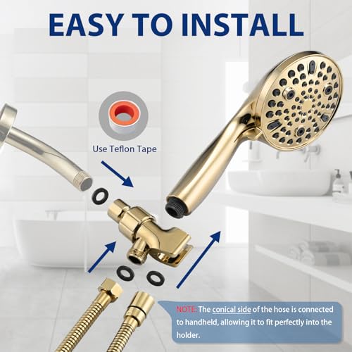 High Pressure 10 Setting Handheld Shower Head, 5" Detachable Showerhead Spray Built-in Power Wash to Clean Tub, Tile & Pets, 79" Extra Long Stainless Steel Hose, Adjustable Bracket - Gold - color: Zirconium Gold