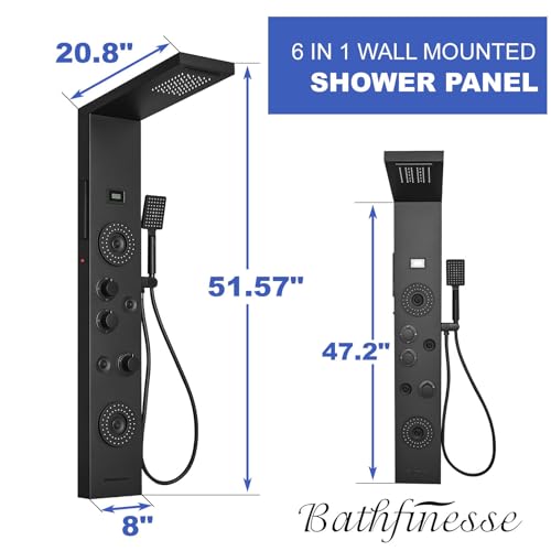 Black Shower Panel Tower System LED Rainfall Waterfall Head | 6 Functions,Rain Massage,Body Jets,Handheld Shower,Tub Spout,Temperature Display,Wall Mount, Stainless Steel Shower Panel - color: Matte Black, style: Shower Panel-LED