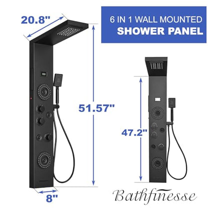 Black Shower Panel Tower System LED Rainfall Waterfall Head | 6 Functions,Rain Massage,Body Jets,Handheld Shower,Tub Spout,Temperature Display,Wall Mount, Stainless Steel Shower Panel - color: Matte Black, style: Shower Panel-LED