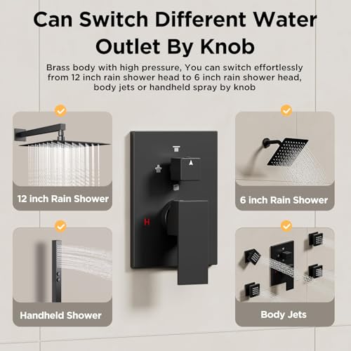 Shower Faucet Sets Matte Black Shower System,STARBATH 4 Way 12+6" Dual Head Shower Set Complete with 2 in 1 Handheld,Wall Mounted Rainfall Shower Head with 4 Body Spray Jets, Shower Jets System - color: Matte Black, size: 6"+12"-04