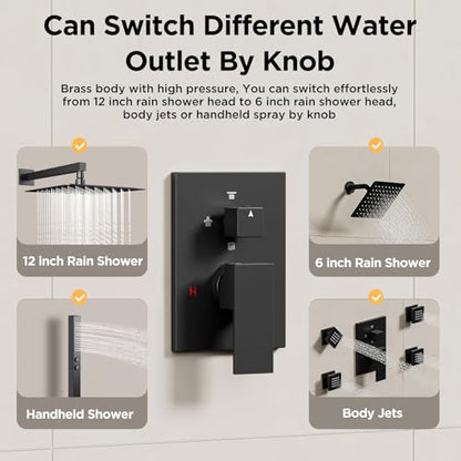 Shower Faucet Sets Matte Black Shower System,STARBATH 4 Way 12+6" Dual Head Shower Set Complete with 2 in 1 Handheld,Wall Mounted Rainfall Shower Head with 4 Body Spray Jets, Shower Jets System - color: Matte Black, size: 6"+12"-04