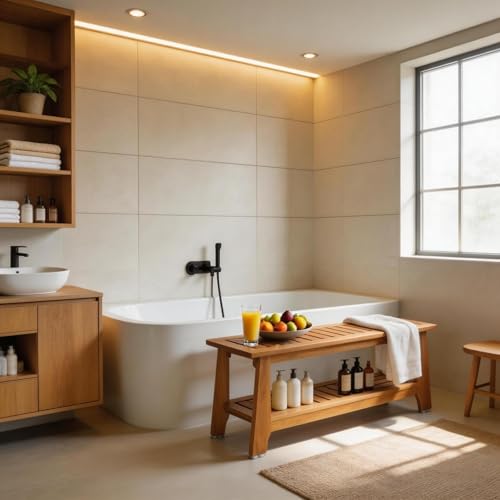 NNN 42" Commercial Heavy Duty Teak Shower Bench, Patented, Non-Slip Stable | with 8 Japan-Made Non-Slip Leveling Feet, Mortise-Tenon Legs 350lb, Pre-Oiled European Teak Oil, Marine-Grade Hardware - size: 42"W x 14" Dx 18"H