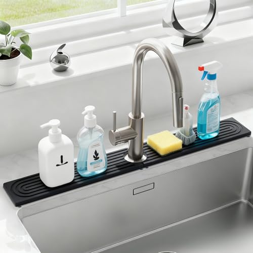 24 Inch Kitchen Sink Splash Guard, Sink Splash Guard Behind Faucet, Silicone Faucet Handle Drip Catcher Tray Mat for Kitchen, Bathroom Counter, Dark Gray, 23.6" x 4" - color: Dark Gray, size: 23.6" x 4"