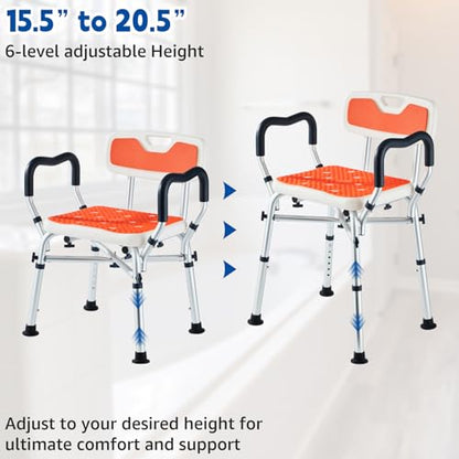 Shower Chair for Inside Shower, Padded Shower Seat Chair with Arms and Back, 6-Level Adjustable Shower Stool Chair for Elderly and Disabled, 550 LB Heavy Duty Handicap Shower Bath Chair | Shower Seat for Inside Tub 6-Height Adjustable,Shower Chair with Ar
