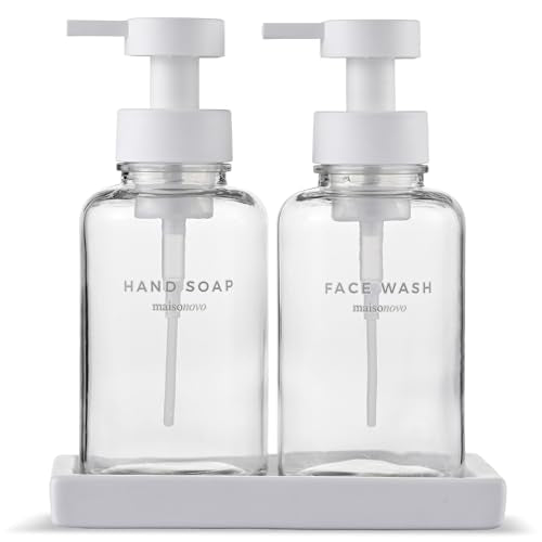 MaisoNovo Glass Foaming Soap Dispenser 14 Oz | Glass Bottles Pumps x 2 Clear with Tray - color: Clear Bottles/White Plastic Pumps/Ceramic Tray