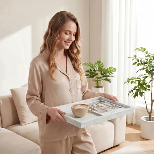 Natural Marble Tray Heavyweight Stone Vanity Tray for Bathroom Countertop, Coffee Table & Dresser - Handcrafted Rectangular Organizer (White X, 12" x 8" x 1.2") - color: White X