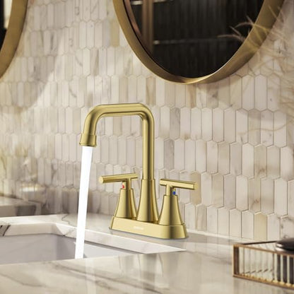 Brushed Gold 4 inch Centerset Bathroom Faucet for Sink 2-3 Hole | Bathroom Sink Faucet with Pop-up Drain and Supply Lines, Stainless Steel 2-Handle Centerset Faucet for Vanity RV Restroom - color: Brushed Gold