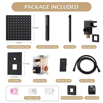 Rain Shower System, 8''Square Rain Head,2-Spray Handheld, Matte Black | 2 Spray Functions,Anti-Tangle Explosion-proof PVD Hose,Balance Temp Valve,Rust-proof & Scratch-resistant - color: Matte Black, size: 8 Inch
