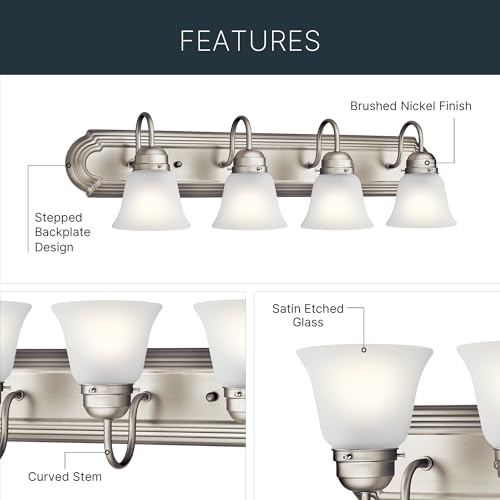 Kichler 36" 5-Light Vanity Bath Light in Brushed Nickel, Modern Bathroom Light with Clear Satin Etched Glass, (36" W x 8" H), 5339NIS - color: Brushed Nickel, size: 36"