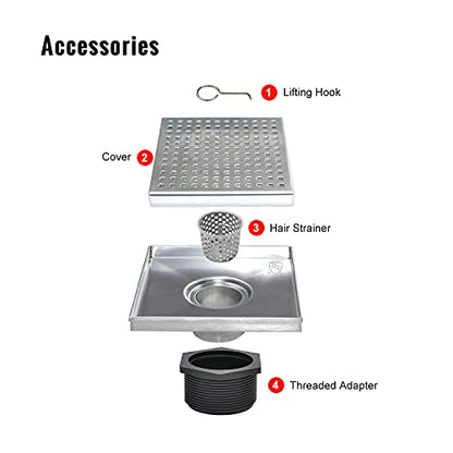SaniteModar Square Shower Drain 4 inch Brushed with Square Hole Cover | 304 Stainless Steel Brushed Shower Drain with Hair Catcher and Threaded Adapter - color: Quadrato Pattern Grate, size: 4 inch
