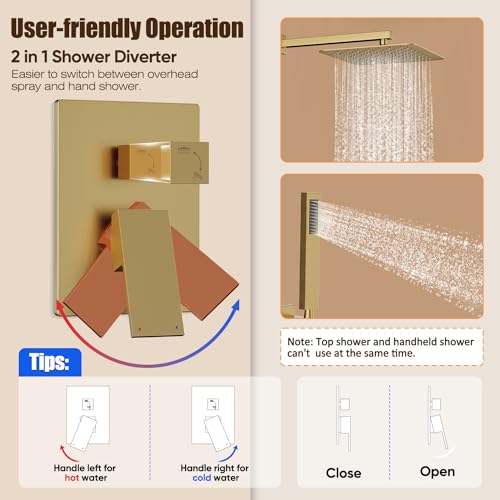 Gabrylly Rain Shower Head with Handheld Spray Combo, 10", Brushed Gold | All Metal Shower System, High Pressure Rainfall Shower Faucet Set, Solid Brass Shower Valve Complete Shower Set for Bathroom - color: Brushed Gold, size: 10 Inch