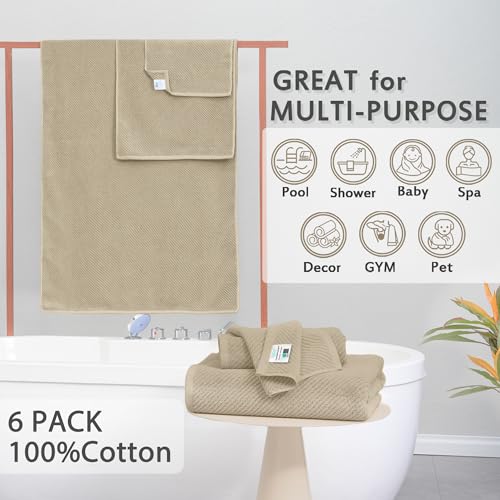 VOOVA & MOVAS 6PC Towel Set, 100% Cotton, Dark Beige | 2 Bath 30x56 In, 2 Hand 18x28 In, 2 Washcloths 13x13 In, Soft, Thick, Quick Dry, Luxury Towel Gift Set - color: Cape May Cobblestone - Dark Tan, size: 6 PC Bathroom Towel Set