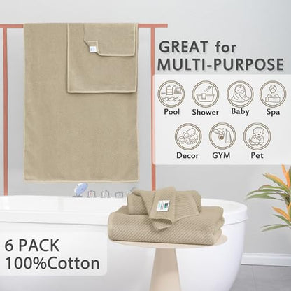 VOOVA & MOVAS 6PC Towel Set, 100% Cotton, Dark Beige | 2 Bath 30x56 In, 2 Hand 18x28 In, 2 Washcloths 13x13 In, Soft, Thick, Quick Dry, Luxury Towel Gift Set - color: Cape May Cobblestone - Dark Tan, size: 6 PC Bathroom Towel Set