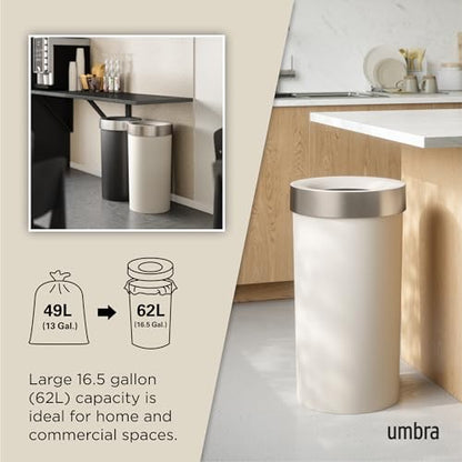 Umbra Vento Kitchen Trash Can, Open Top Bin, 16.5 Gallon, Sand/Nickel | Brushed metal accents, bag concealing design, easy wipe clean, fits home and office, durable plastic - color: Sand/Nickel