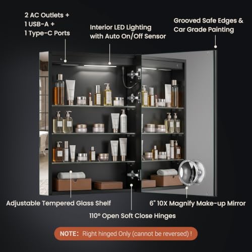 24x32 Lighted Medicine Cabinet with Mirror, Black AL Alloy Frame, Plug-in/Hardwired, Recessed/Wall Mount, Defog, 3-Color Dimmable Lights, USB-C&USB-A+2 Outlets, 3 Shelves, Right Hinge - size: 24x32(R)