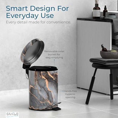 Sanilo Small Bathroom Trash Can with Lid [1.3 Gallon], Lidded Tiny Trashcan for Garbage, Mini Metal Bin with Soft Closing Mechanism, Bath Room Accessoire Wastebin with Inner Bucket (Marble Abstract) - color: Marble Abstract