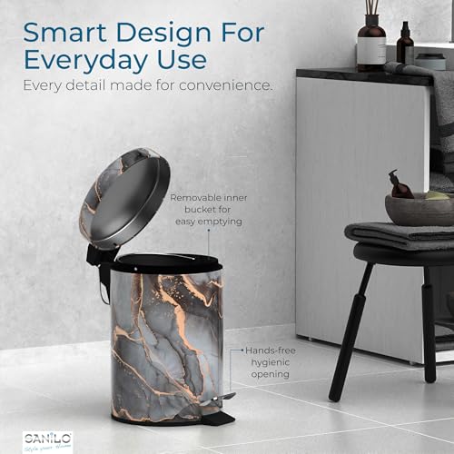 Sanilo Small Bathroom Trash Can with Lid [1.3 Gallon], Lidded Tiny Trashcan for Garbage, Mini Metal Bin with Soft Closing Mechanism, Bath Room Accessoire Wastebin with Inner Bucket (Marble Abstract) - color: Marble Abstract