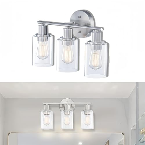 WISBEAM Brushed Nickel Bathroom Vanity Light, 3 Light Bathroom Light Fixtures Over Mirro with Clear Glass Shade Including E26 Medium Base, Bulb NOT Included - color: Silver, size: VNT004