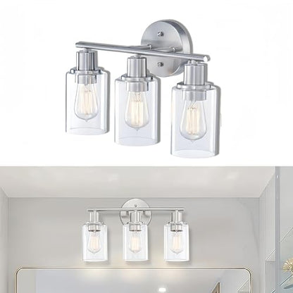 WISBEAM Brushed Nickel Bathroom Vanity Light, 3 Light Bathroom Light Fixtures Over Mirro with Clear Glass Shade Including E26 Medium Base, Bulb NOT Included - color: Silver, size: VNT004