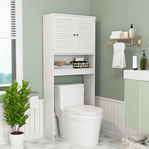 Tangkula Over The Toilet Storage Cabinet, Above Toilet Bathroom Shelf w/Double Doors & Adjustable Shelf, Freestanding Toilet Shelf Space Saver w/Anti-Tip Kits & Adjustable Bottom Bar, 63" H (White)