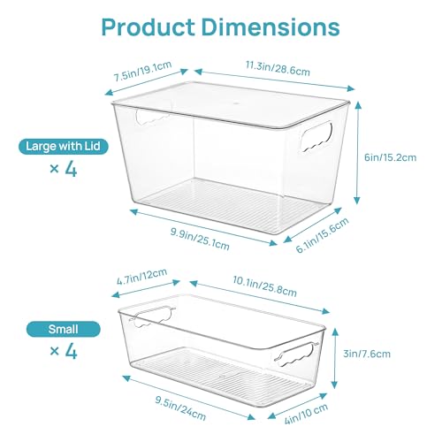 Vtopmart 8 Pack Clear Storage Bins with Lid Set for Pantry Organizer | 4 Large and 4 Small Plastic Pantry Storage Bins with Handle, Storage Containers for Pantry, Kitchen, Fridge, Cabinet - size: Set A