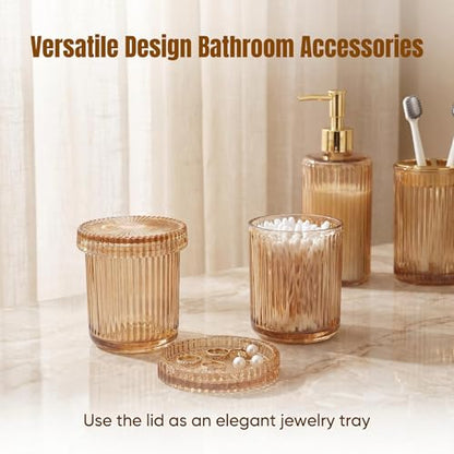 4 Pcs Brown Bathroom Accessories Set, Glass Bathroom Set, Soap Dispenser, Toothbrush Holder, Qtip Holders, Modern Bathroom Decor, Housewarming Gift Set （Amber Brown） - style: 4 pcs Brown