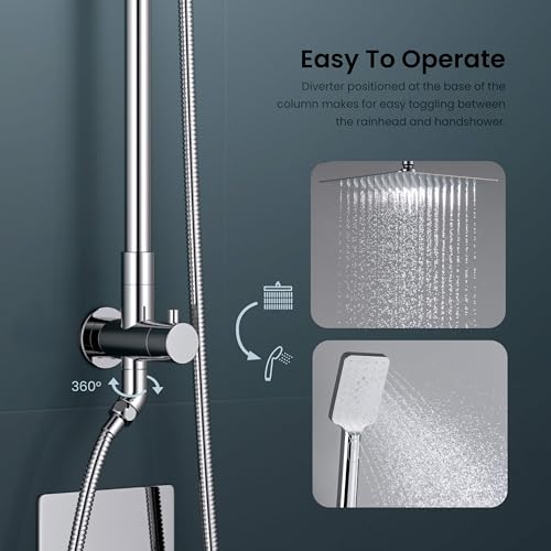 KIBI Cube 2-Function Wall Mounted Rain Shower Column | Bathroom Shower Faucet System with Solid Brass Rough-In Valve, 10" Rain Shower Head | Easy Temperature Control (Chrome Finish, KSC404) - color: Chrome