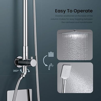 KIBI Cube 2-Function Wall Mounted Rain Shower Column | Bathroom Shower Faucet System with Solid Brass Rough-In Valve, 10" Rain Shower Head | Easy Temperature Control (Chrome Finish, KSC404) - color: Chrome