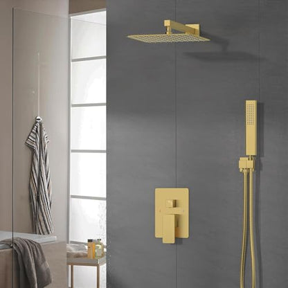 Iriber Brushed Gold Rain Shower System with 12 Inch Shower Head and Handheld shower Bathroom Wall Mounted Golden Shower Set Contain Shower Faucet Mixer Valve and Trim Kit (Valve Cartridge Included) - color: Brushed Gold 05