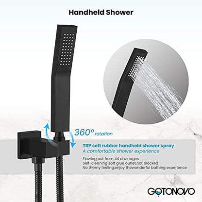 gotonovo Tub Shower Faucet Set with Valve Kit 12’’ Head,Matte Black | Shower System with Tub Spout,SUS304 Rain Head with Handheld Sprayer,Swivel Spout,All Metal,Rough-In Valve Trim Kit,Wall Mount - color: Black, size: 12’’ Head