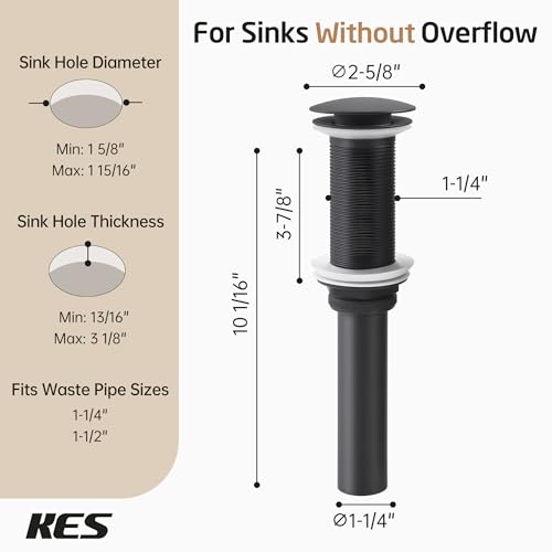 KES All Metal Pop Up Drain Without Overflow, Extended Thread, Bathroom | Matte Black, Brass And Stainless Steel, Compatible With Vessel Sinks, Drain Holes 1.6" To 1.9", 15K-Cycle Pop-Up - color: Matte Black, style: NO Overflow, Long Thread
