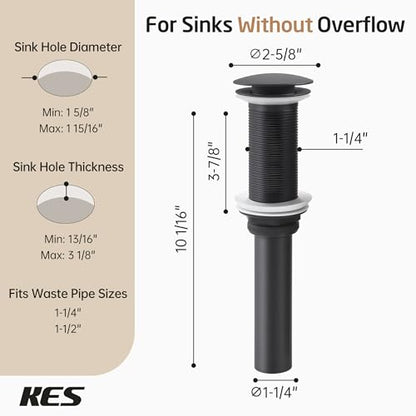 KES All Metal Pop Up Drain Without Overflow, Extended Thread, Bathroom | Matte Black, Brass And Stainless Steel, Compatible With Vessel Sinks, Drain Holes 1.6" To 1.9", 15K-Cycle Pop-Up - color: Matte Black, style: NO Overflow, Long Thread