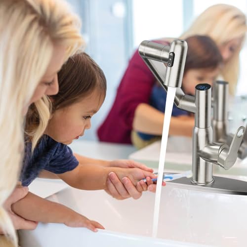 Rotatable Bath Faucet with Temp Display in Celsius, Single Hole Brushed Nickel and 3 Outlet Modes Faucet, Battery-Free - color: Brushed Nickel