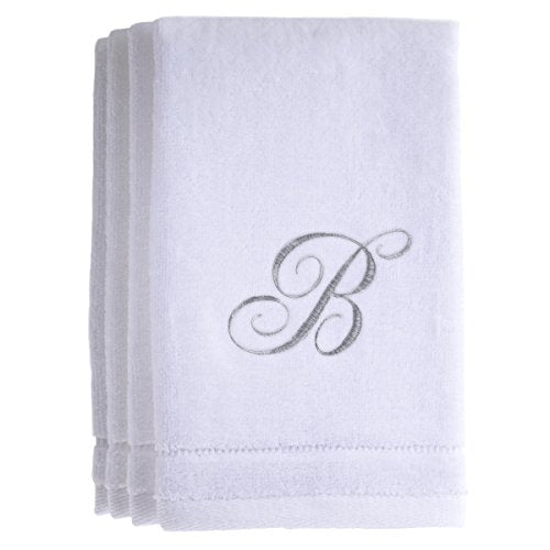 Monogrammed Towels Fingertip, Personalized Gift, 11 x 18 Inches - Set of 4- Silver Embroidered Towel - Extra Absorbent 100% Cotton- Soft Velour Finish - For Bathroom/ Kitchen/ Spa- Initial B (White) - color: B