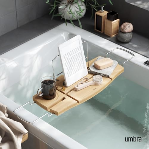 Umbra Aquala Bath Caddy, Extendable Bathtub Tray with Phone Holder, Natural | Bamboo, non-slip silicone arms, fits most tubs, waterproof, holds book and wine glass - color: Natural