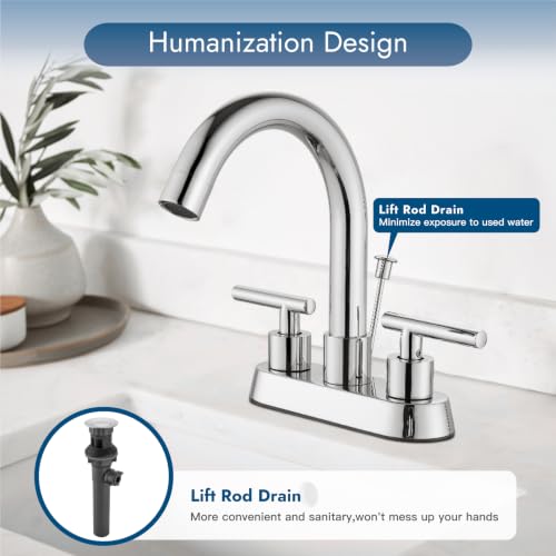 Bathroom Faucet with Lift Rod Drain,4 Inch Centerset 3 Hole,Polish Chrome | Two Handle Lead-Free SUS304 Stainless Steel Bathroom Sink Faucet with Lift Rod Drain & Supply Lines for RV & Farmhouse - color: Polish Chrome