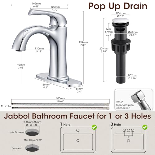 Polished Chrome Single Hole Bathroom Faucet, Single Handle Brass Bathroom Sink Faucet, Lavatory Vanity Faucet for 1 or 3 Holes, Bathroom Faucets with Pop Up Drain and Supply Lines, Deck Plate - color: A-Polished Chrome