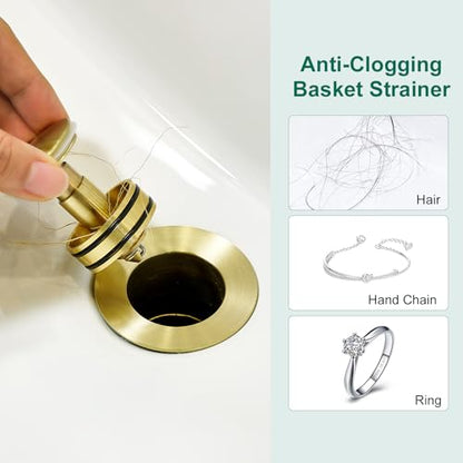 CREA Gold Bathroom Sink Drain Stopper,Pop Up Sink Drain Stopper Bathroom Sink with Overflow,Vessel Sink Drain Plug with Anti-Clogging Strainer Pop Up Drain Stopper Kit All Metal Stailess Steel - color: Gold Brushed