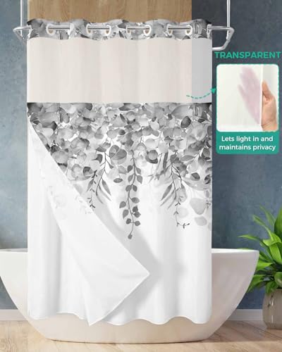 No Hook Shower Curtain and Snap in Liner Set, Gray Eucalyptus Fabric Bathroom Stall Shower Curtains 36x72, See Through Mesh Top Window, Spring Summer Botanical Floral Leaves Country Hotel Style - color: Grey, size: 36"W x 72"L (Pack of 1)