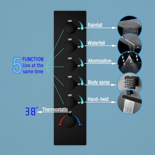 Enga Full Body LED Thermostatic Shower System with Body Jets, 20-Inch 3 Function Shower Head (Rainfall & Mist & Waterfall), Luxury Multi Function Rain Shower Faucet Set, Matte Black - color: Matte Black, style: 20" Head (Rain + Mist+Waterfall) - Jets