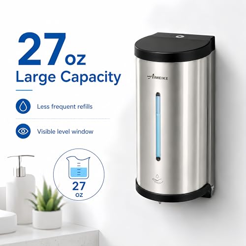 Automatic Wall-Mount Soap Dispenser, 800 mL Stainless Steel | Touchless 800 mL wall dispenser with viewing window, keyed lock and low-liquid indicator; requires 6 AA batteries. - color: 2000 Silver