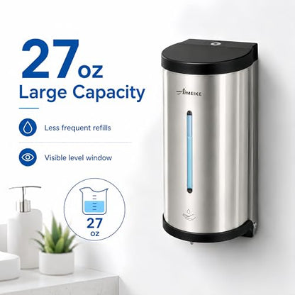 Automatic Wall-Mount Soap Dispenser, 800 mL Stainless Steel | Touchless 800 mL wall dispenser with viewing window, keyed lock and low-liquid indicator; requires 6 AA batteries. - color: 2000 Silver