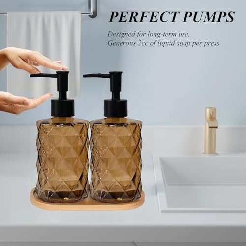 12oz Brown Glass Hand and Dish Soap Dispenser Set, Diamond Design, Set of 2 | Bathroom Soap Dispenser with Plastic Pumps, Bamboo Tray for Hand Wash & Dish Wash, for Bathroom Kitchen Countertop - color: Brown
