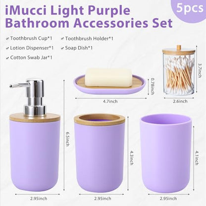 Bathroom Accessories Set 5Piece Light Purple Bathroom Sets, Toothbrush Holder, Toothbrush Cup, Lotion Soap Dispenser, Soap Dish and Qtip Holder Bathroom Decor - style: Light Purple